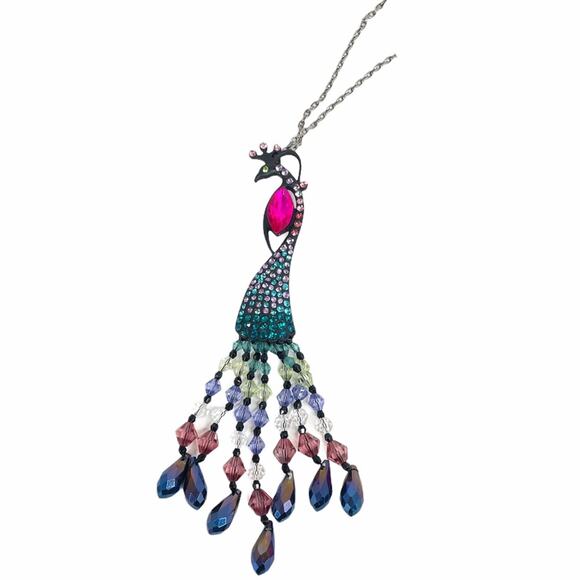 Betsey Johnson Peacock Necklace Black Blue Pink - Picture 1 of 5